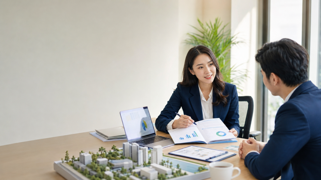 Chuyên viên tư vấn trao đổi báo cáo nghiên cứu khả thi và phương án đầu tư với khách hàng.