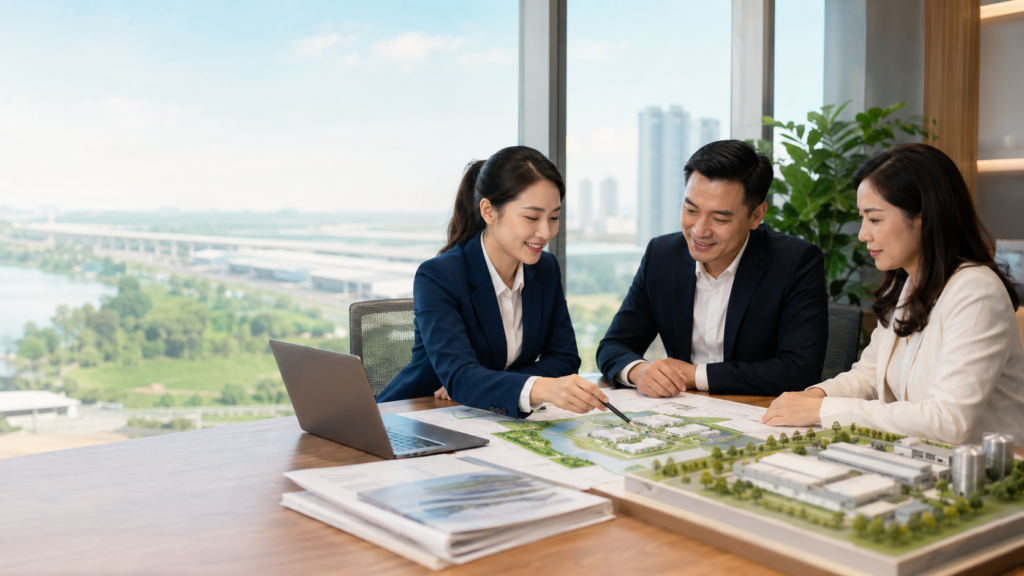 Đội ngũ tư vấn đầu tư trao đổi cùng nhà đầu tư về quy hoạch, phương án triển khai và hồ sơ dự án đa lĩnh vực.