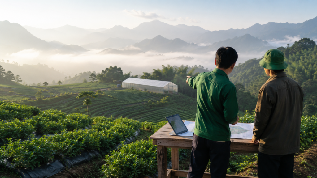 Chuyên gia và người dân khảo sát vùng trồng dược liệu quý, trao đổi phương án triển khai dự án tại khu vực miền núi.
